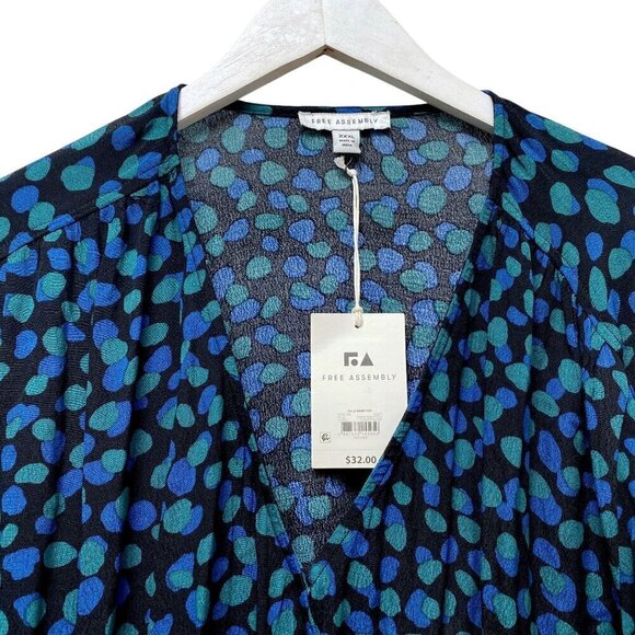 FREE ASSEMBLY Top Size XXXL Green Blue Dot Crossover Boho Long Sleeve Blouse - Picture 3 of 10